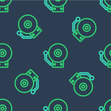 Hat çalan alarm simgesi mavi arkaplanda izole edilmiş pürüzsüz desen. Yangın alarmı. Servis zili, el zili işareti, uyarı sembolü. Vektör