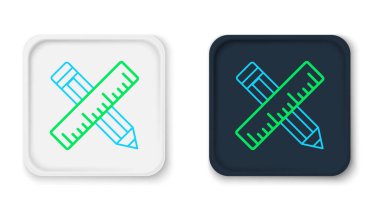 Çizgiyi aşan cetvel ve kalem simgesi beyaz arkaplanda izole edildi. Düz sembol. Çizim ve eğitim araçları. Renkli taslak konsepti. Vektör