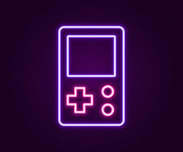 Gloeiende neon lijn Draagbare tetris elektronische game pictogram geïsoleerd op zwarte achtergrond. Vintage stijl baksteen spel. Interactief speelapparaat. Kleurrijk concept. Vector — Stockvector