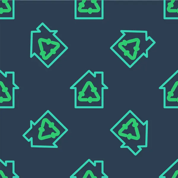 Línea Eco House con icono de símbolo de reciclaje aislado patrón sin costura sobre fondo azul. Ecología hogar con flechas de reciclaje. Vector — Vector de stock