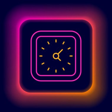Parlayan neon çizgi saat simgesi siyah arkaplanda izole edildi. Zaman sembolü. Renkli taslak konsepti. Vektör