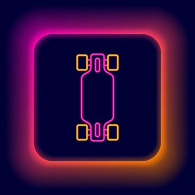 Parlayan neon hattı Longboard veya kaykay kruvazörü simgesi siyah arkaplanda izole edildi. Olağanüstü bir spor. Spor malzemeleri. Renkli taslak konsepti. Vektör