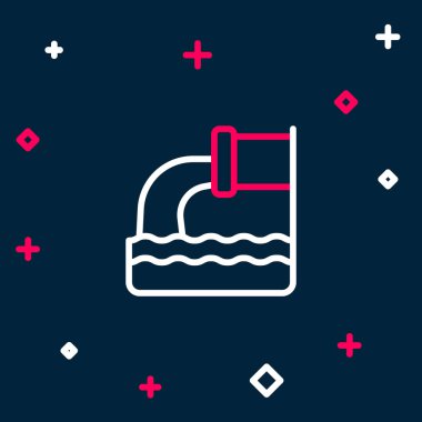 Çizgi Atık Su simgesi mavi arkaplanda izole edildi. Kanalizasyon borusu. Borudan nehre sıvı akıyor. Renkli taslak konsepti. Vektör