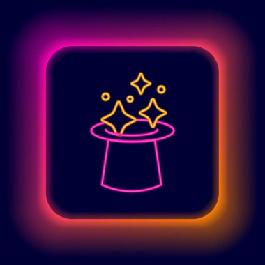 Parlayan neon hattı sihirli şapka simgesi siyah arkaplanda izole edildi. Sihir numarası. Gizemli eğlence konsepti. Renkli taslak konsepti. Vektör