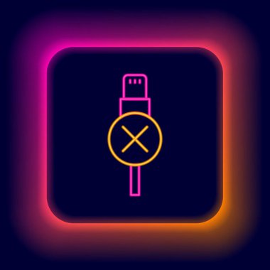 Parlayan neon hattı siyah arkaplanda izole edilmiş usb kablo ikonu yok. PC ve mobil cihazlar için bağlantı ve soketler. Renkli taslak konsepti. Vektör