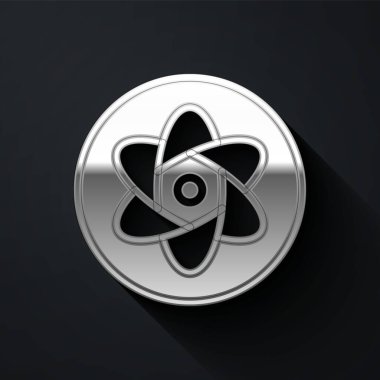 Siyah arka planda gümüş test tüpü ve kimyasal test ikonu izole edildi. Laboratuvar cam levhası. Uzun gölge tarzı. Vektör