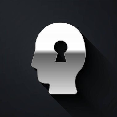 Psikoloji ikonundaki problemin gümüş çözümü siyah arka planda izole edilmiş. Anahtar. Akıl sağlığı terapisi. Uzun gölge tarzı. Vektör