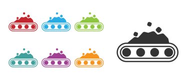 Siyah taşıma bandı beyaz zemin üzerinde izole edilmiş kömür ikonu taşıyor. Simgeleri renklendirin. Vektör