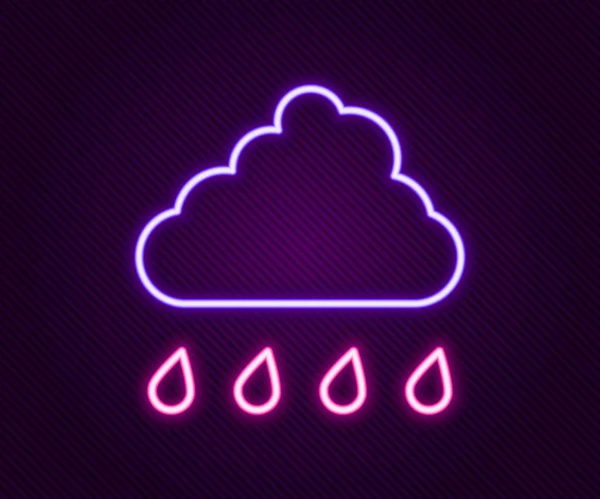Linha de néon brilhante Nuvem com ícone de chuva isolado no fundo preto. Precipitação de nuvens de chuva com gotas de chuva. Conceito de esboço colorido. Vetor — Vetor de Stock