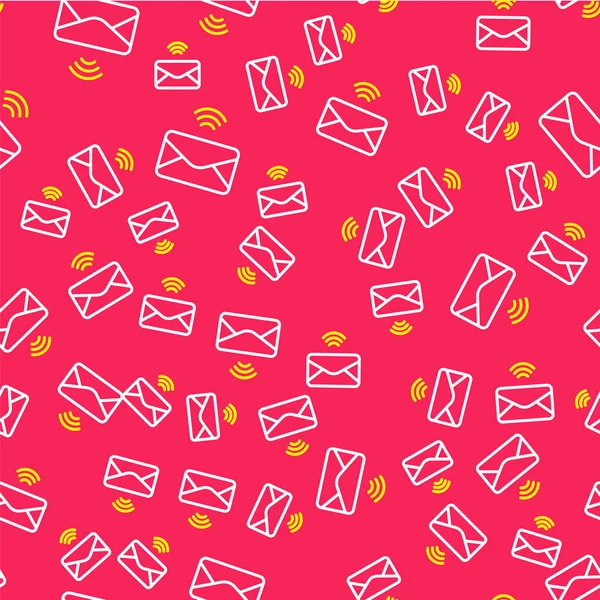 Line Mail a e-mail ikona izolované bezešvé vzor na červeném pozadí. E-mail - symbol obálky. Podpis e-mailové zprávy. Vektor — Stockový vektor