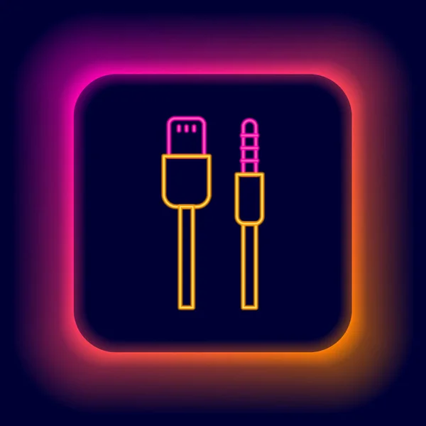 Gloeiende neon lijn USB kabel icoon geïsoleerd op zwarte achtergrond. Aansluitingen en stopcontacten voor PC en mobiele apparaten. Kleurrijk concept. Vector — Stockvector