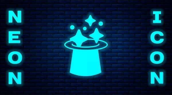 Gloeiende neon Magic hat icoon geïsoleerd op bakstenen muur achtergrond. Magische truc. Mysterie entertainment concept. Vector — Stockvector