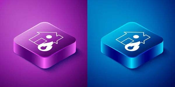 Isometric Fire in burning house icon isolated on blue and purple background. Square button. Vector — Stock Vector