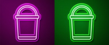 Parlayan neon çizgi Bucket simgesi mor ve yeşil arkaplanda izole edildi. Vektör