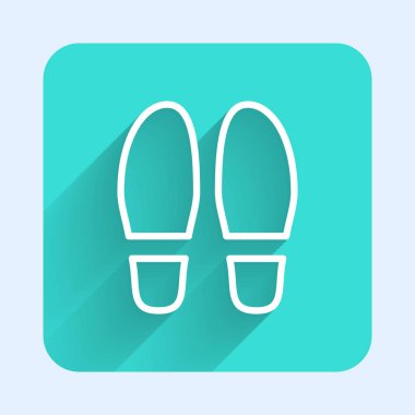 Beyaz çizgili Adımlar simgesi uzun gölge arkaplanı ile izole edildi. Dedektif araştırıyor. Ayak izlerini takip etmek için. Yeşil kare düğmesi. Vektör