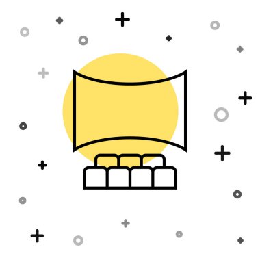 Beyaz zemin üzerinde ekran simgesi olan siyah çizgi sinema salonu. Rastgele dinamik şekiller. Vektör