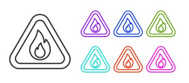 Beyaz arkaplanda izole edilmiş üçgen ikonunda siyah çizgi ateş alevi. Yanıcı madde için uyarı işareti. Simgeleri renklendirin. Vektör