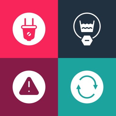 Pop sanat Geri Dönüşüm sembolünü, ünlem işaretini üçgene, hassas yıkama ve elektrik prizi simgesini ayarla. Vektör