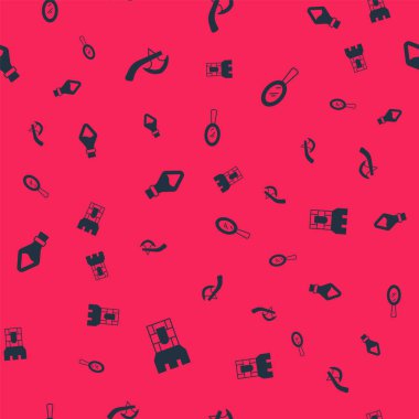 Kale kulesi, tahta balta, iksirli şişe ve kusursuz desenli sihirli el aynası. Vektör