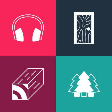 Popüler sanat Noel ağacı, tahta kiriş, kapalı kapı ve kulaklık simgesi koyun. Vektör