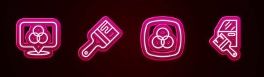 RGB ve CMYK renk karışımı, boya fırçası ve araba boyası. Parlayan neon ikonu. Vektör