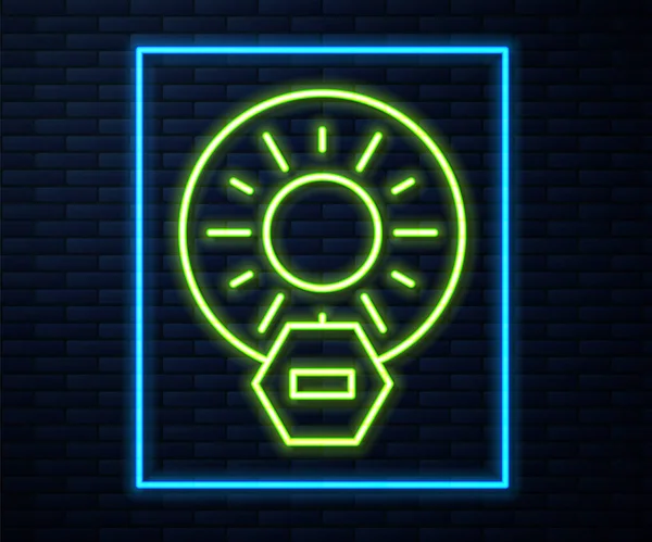 Leuchtende Neon-Linie Kein direktes Sonnenlicht-Symbol isoliert auf Backsteinwand Hintergrund. Vektor — Stockvektor