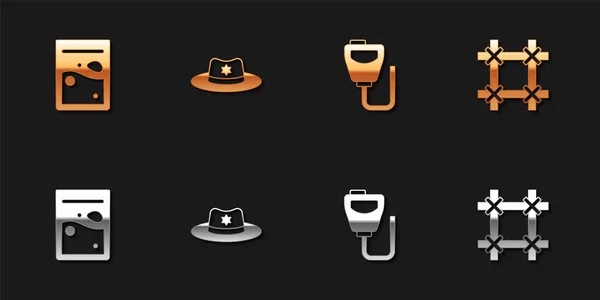 Set Bolsa de plástico de drogas, sombrero de sheriff con placa, walkie talkie e icono de la ventana de la prisión. Vector — Archivo Imágenes Vectoriales