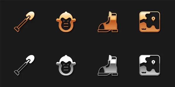 Set Shovel, Monkey, Hunter laarzen en Afrika safari kaart icoon. Vector — Stockvector