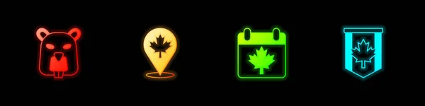 Állítsa Beaver állat, kanadai juhar levél, Kanada nap és Pennant zászló ikon. Vektor — Stock Vector
