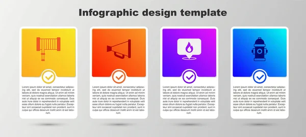 Enrouleur de tuyau d'incendie, mégaphone, emplacement avec flamme de feu et bouche d'incendie. Modèle d'infographie d'entreprise. Vecteur — Image vectorielle