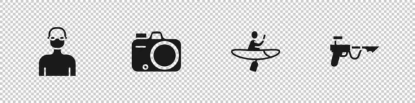 Set nadador, cámara fotográfica, Kayak y paddle y el icono del arpón de pesca. Vector — Archivo Imágenes Vectoriales