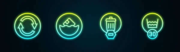 Çizgi Geri Dönüşüm sembolü, karton kutu, çöp tenekesi ve Sıcaklık Yıkama. Parlayan neon ikonu. Vektör — Stok Vektör