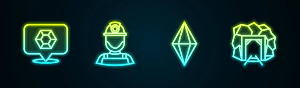 Set line Gem stone, Miner in a helmet, and entrance. Glowing neon icon. Vector — Stock Vector