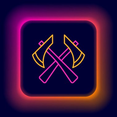 Parlayan neon hattı itfaiyeci balta simgesi siyah arka planda izole edildi. Yangın baltası. Renkli taslak konsepti. Vektör