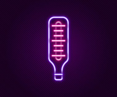 Tıbbi inceleme ikonu için parıldayan neon hattı medikal termometre siyah arka planda izole edildi. Renkli taslak konsepti. Vektör