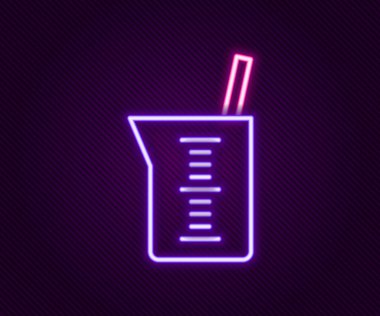 Parlayan neon çizgisi laboratuvar cam örtüsü ya da beher ikonu siyah arkaplanda izole edilmiş. Renkli taslak konsepti. Vektör