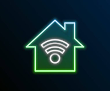 Siyah arkaplanda kablosuz internet ikonu olan parlak neon hattı Smart evi. Uzaktan kumanda. Renkli taslak konsepti. Vektör