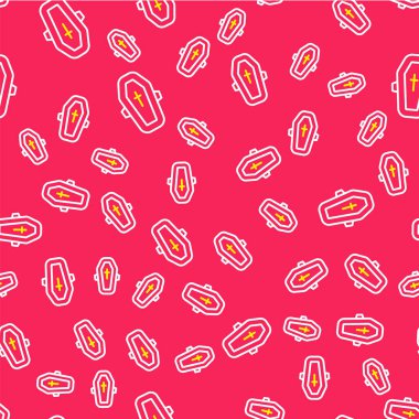 Çizgi Tabut ve Hıristiyan haç simgesi kırmızı arka planda izole edilmiş kusursuz desen. Mutlu Cadılar Bayramı Partisi. Vektör