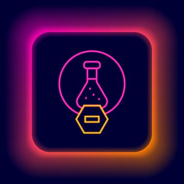Parlayan neon hattı test tüpü ve kimyasal test ikonu siyah arkaplanda izole edildi. Laboratuvar cam levhası. Renkli taslak konsepti. Vektör