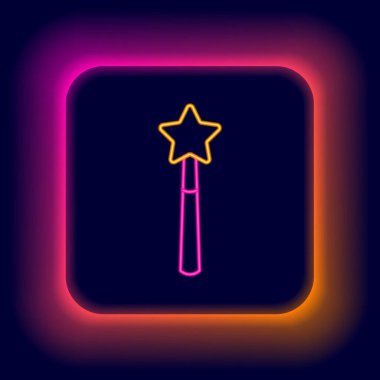 Parlayan neon hattı sihirli değnek simgesi siyah arkaplanda izole edildi. Yıldız şeklinde sihirli aksesuar. Sihirli güç. Mutlu Cadılar Bayramı Partisi. Renkli taslak konsepti. Vektör