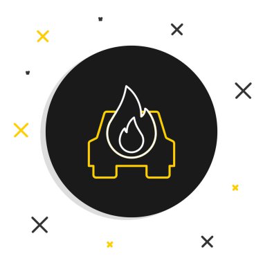 Çizgi Yanan araba simgesi beyaz arkaplanda izole edildi. Araba yanıyor. Araba alev ve dumanla kaplanmış. Renkli taslak konsepti. Vektör