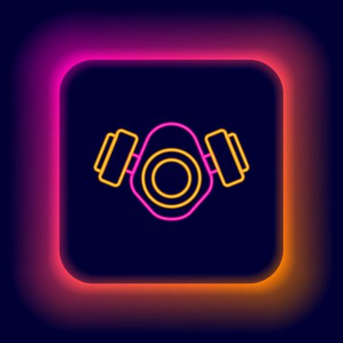 Parlayan neon hattı gaz maskesi simgesi siyah arkaplanda izole edildi. Solunum cihazı işareti. Renkli taslak konsepti. Vektör