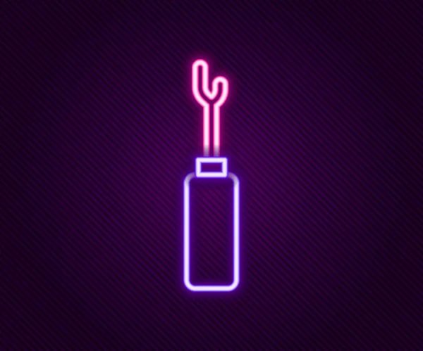 Žhnoucí neonová linka Awl nástroj s dřevěnou rukojetí ikona izolované na černém pozadí. Pracovní zařízení na míru. Barevný koncept. Vektor — Stockový vektor