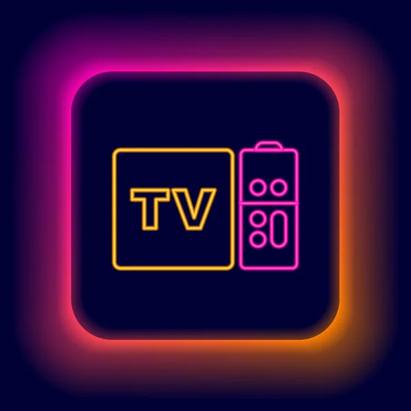 Ragyogó neon vonal Multimédia és TV box vevő és lejátszó távoli vezérlő ikon elszigetelt fekete háttérrel. Színes vázlat koncepció. Vektor — Stock Vector