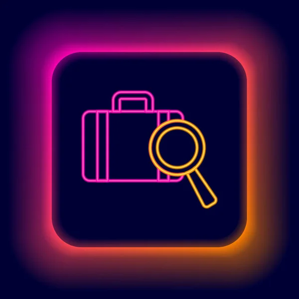 Glowing neon line Airline service of finding lost baggage icon isolated on black background. Search luggage. Colorful outline concept. Vector — Stock Vector