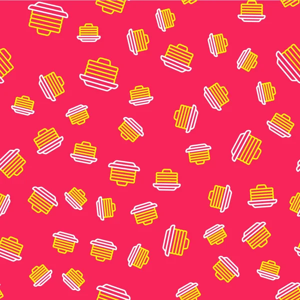Linha Pilha de panquecas com ícone de mel isolado padrão sem costura no fundo vermelho. Conceito de pequeno almoço. Vetor — Vetor de Stock