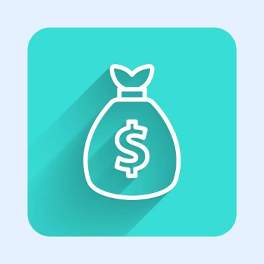 Beyaz çizgi Para Çantası simgesi uzun gölgeli izole edilmiş. Dolar ya da USD sembolü. Nakit bankacılık tabelası. Yeşil kare düğmesi. Vektör