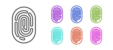 Beyaz arkaplanda siyah çizgi parmak izi simgesi izole edildi. Kimlik uygulaması simgesi. Kimlik işareti. Kimliğe dokun. Simgeleri renklendirin. Vektör