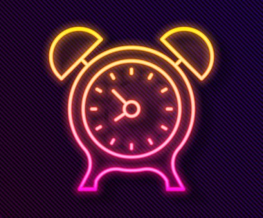 Parlayan neon hattı alarm saati simgesi siyah arkaplanda izole edildi. Uyan, kalk konsepti. Zaman işareti. Vektör