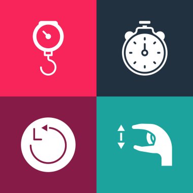 Pop Art Approximate ölçümleri, Radius, Stopwatch ve Hand ölçekli yay mekanik simgesini ayarla. Vektör